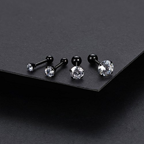 Charisma 16G Cartilage Tragus Helix Stud Stainless Steel Barbell Earrings For Women Men Toodlers Screw Back Piercing Earrings (4 Pairs, 6Mm Bar Length, 3Mm-6Mm White Cubic Zirconia, Black) #TOP5