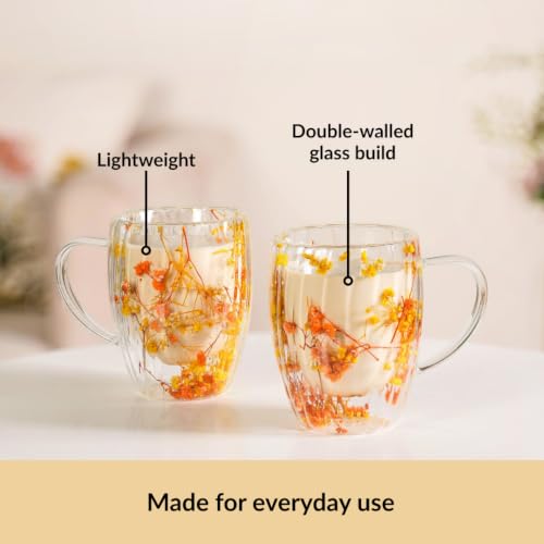 Image of Nestasia Double Wall Glass Mug with Dried Flowers Set of 2 (350ml Each) - Transparent Borosilicate Floral Glass Tea Cups | Lightweight & Durable Coffee Mugs - Perfect for Gifting (Yellow & Orange)
