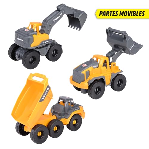 Dickie Toys Volvo Construction Set (je 16 cm) - 3 Baustellenfahrzeuge für Kinder mit Bagger Spielzeug, Radlader & Kipplaster, mit Freilauf ab 3 Jahren - 203722015