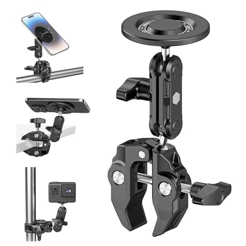 Mic Stand Phone Holder Aluminum Compatible with Magsafe iPhone 16/15/14/13/12 Plus Pro Max Series, Side Mount Cellphone Music Stand Holder for Microphone, 360° Swivel Tilt Adjustable Mic Phone Mount