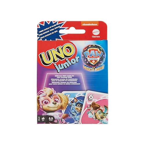 UNO Junior Paw Patrol: The Mighty Movie Kids Card Game for Family Night Featuring 3 Levels of Play for 2 to 4 Players HPY62