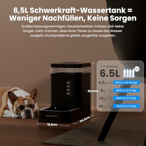 Gardner Pet 6.5L Automatischer Wasserspender, Schwerkraft-Tränke mit Edelstahlschüssel, Futterautomat für Hunde und Katze, große Kapazität Futterspender, BPA-frei, Keine Elektrizität, geräuschlos