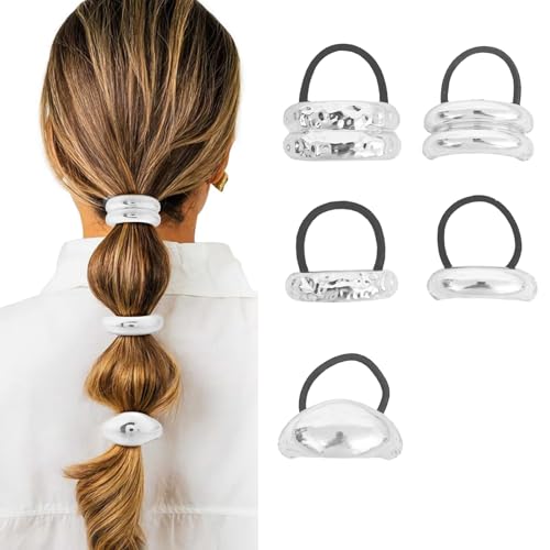 Image of Lilalemon 5PCS Silver Hair Ties, Metal Elastic Hair Ties for Thick Hair Women,Ponytail Hair Hair Cuff Wrap, Gold Hair Accessories