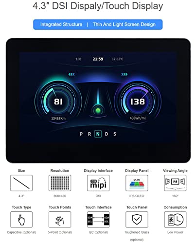 Image of waveshare 4.3inch DSI Touch Display IPS Wide-Bezel Panel, 800 x 480 Resolution, Thin and Light Design, for Raspberry Pi 4B /3B+ /3A+ /3B /2B /B+ /A+ / CM3 /3+ /4