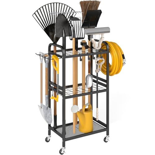 Hadulcet Garden Tool Organizer, Metal Garage Organization and Storage with Lockable Wheels, Garden Tool Rack with Storage Hooks, Heavy Duty Yard Tool Organizer for Garage, Shed, Lawn, Outdoor, Black