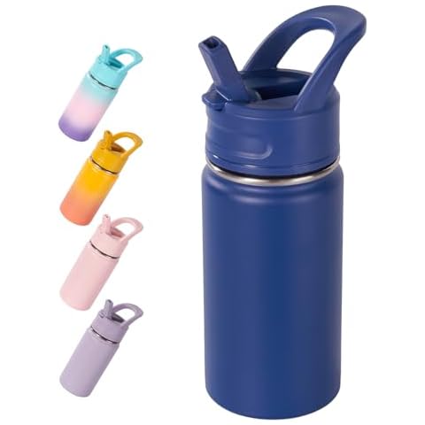 Fijinhom 12oz Kids Water Bottle for School, Toddler Water Bottles with Straws, Insulated Water Bottle for Boys&Girls, Stainless Steel Vacuum Insulated Bottle for Kids, Leak-Proof, BPA-Free, Blue Cover