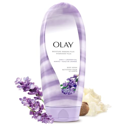 Olay Body Wash for Women Moisture Ribbons Plus Deep Conditioning & Moisturizing Formula Long Lasting Smooth Soft Skin For All Skin Types Shea Butter & Lavender Oil Scent 18 fl oz