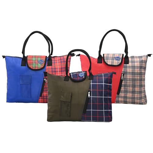 Image of Urbane Home Pack of 3 Foldable Shopping Bags For Women with 3 Small Pockets | Grocery /Vegetable Bags For Market | Blue,Black-Red & Maroon