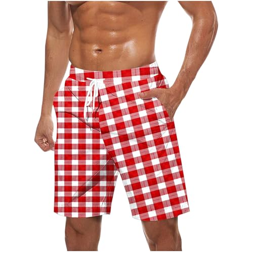 Men's Casual Plaid Color Block Shorts Elastic Waist Drawstring Summer Stretch Beach Shorts with Pockets Red