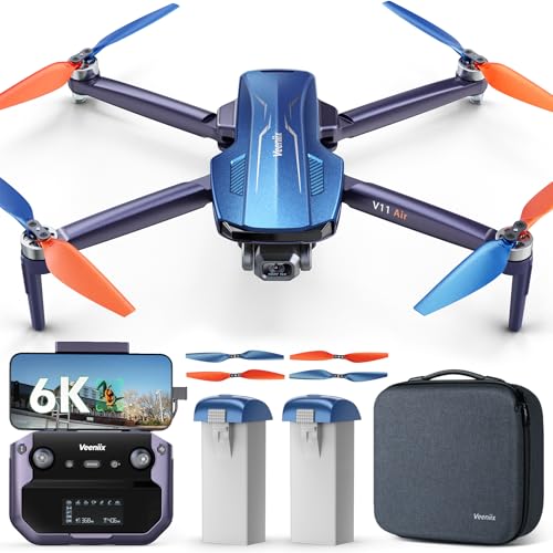 Veeniix V11Air 6K drone with blue and orange propellers in the air