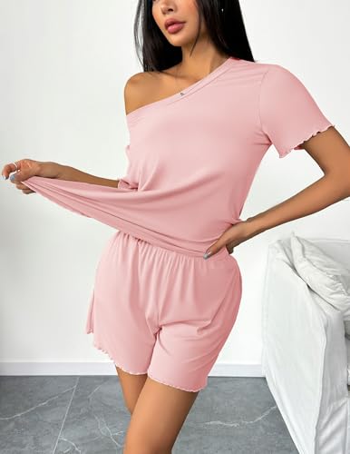 Image of Ekouaer 2 Packs Women Pajama Set Short Sleeve Sleepwear Soft Top and Shorts | Casual Pjs Outfits Ribbed Knit Lounge Set with Pockets