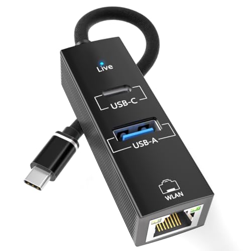 Adaptador USB C a Ethernet, USB tipo C (Thunderbolt 3/4) a RJ45 LAN con puerto de datos USB A 3.0/USB C de 5 Gbps, convertidor de red Plug & Play para MacBook, iPad, iPhone 15/16, portátiles