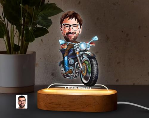 Image of THE GRANDEUR Caricature Gift for Men, Custom LED Motorcycle Rider Cartoon Lamp - Personalized Bike Figurine Gift for Him, Desk Decor Birthday Gift for Men, Anniversary Gift for Husband, (15 x 6 cm)