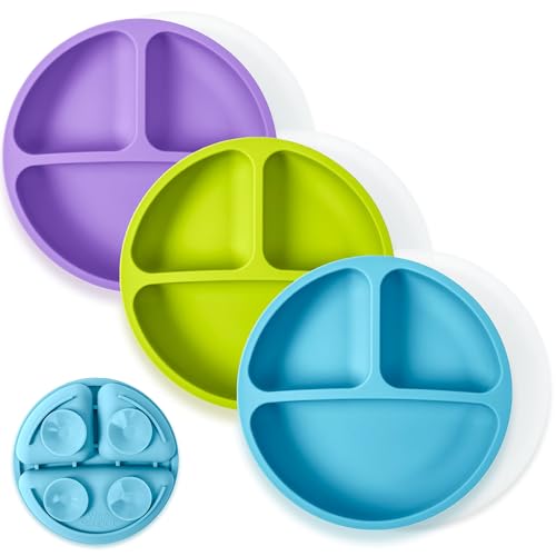Image of WeeSprout Suction Plates with Lids for Babies & Toddlers - 100% Silicone, Dinnerware Stays Put, Divided Design for Picky Eaters, Microwave & Dishwasher Friendly, 3 Pack