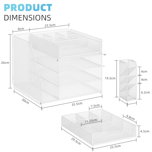 Marbrasse Schreibtisch Organizer mit Aktenhalter,4-Tier Briefablage Ablagefächer,Fachschubladen,Hängen Stifthalter,Mesh Schreibtisch Papier Ablage für HausBüro Bedarf Dokumentenablage (Weiß)