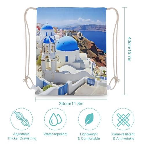 Santorini Greece Travel Drawstring Backpack Canvas Sport Daypack Casual String Bag for Women and Men2