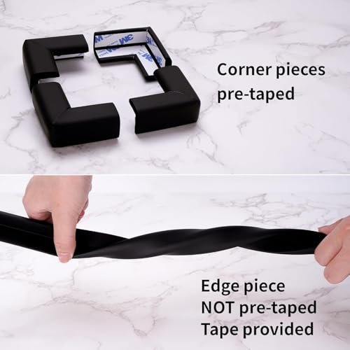 Image of Baby Proofing Edge and Corner Guards, 20 ft + 8 Corners, Black | NBR Foam, 3M Adhesive, Cut-to-Fit Edge Roll, 8 Corner Guards, Furniture Edge Protection