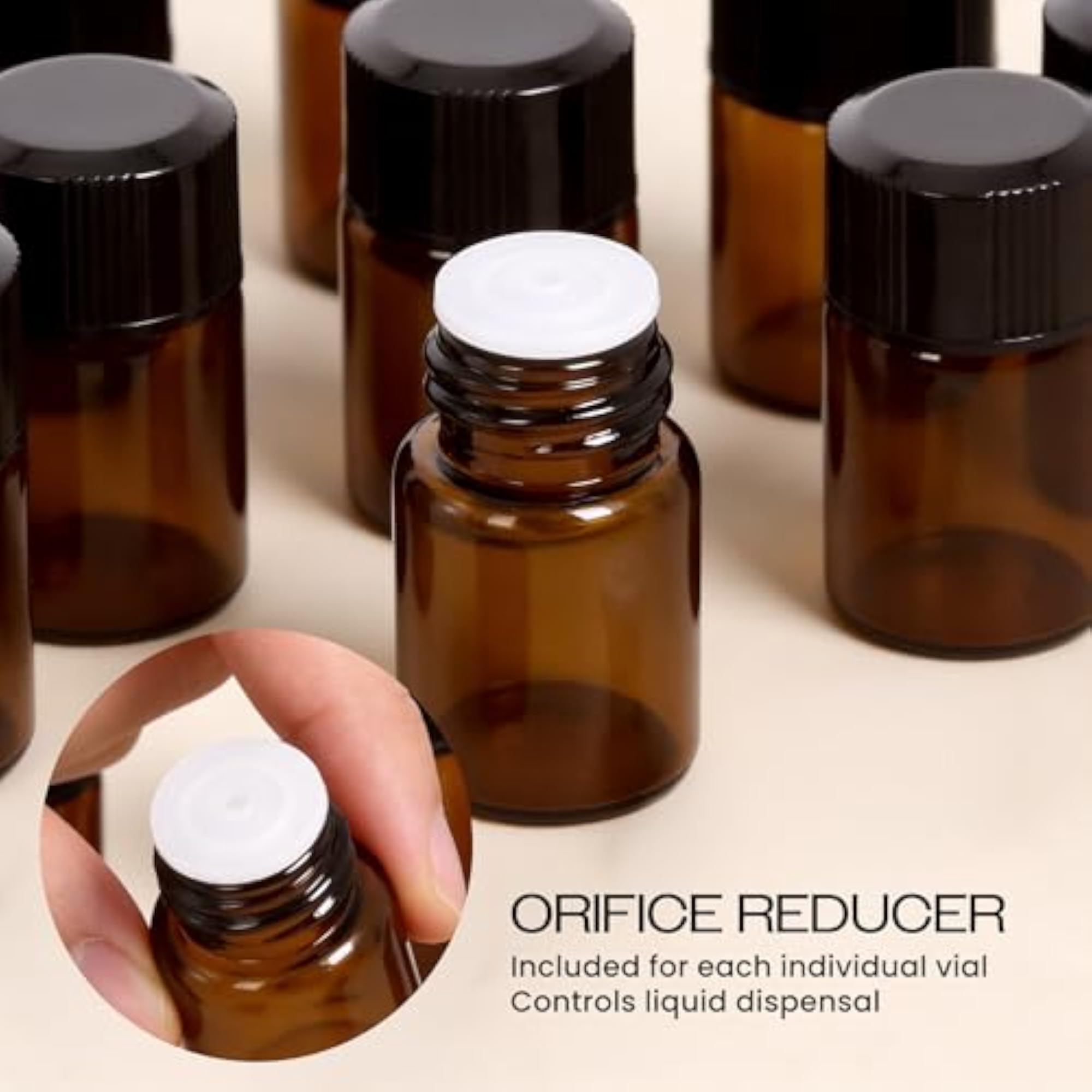60 Pack Amber Glass Vials with Orifice Reducers for Oils & Fragrances