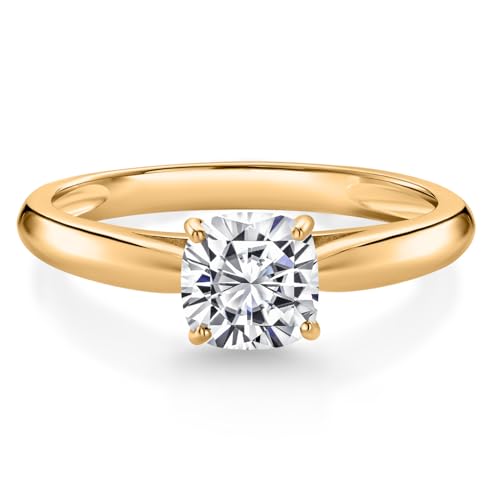 Gem Stone King 0.70 Ct 10K Yellow Gold 5MM Cushion Lab Grown Diamond Engagement Ring | Wedding Anniversary Promise Ring For Women | DEF Color | VVS-VS Clarity | Available In Size 5, 6, 7, 8, 9