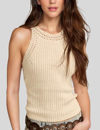 Women’s Tank Top Crochet Trim Crew Neck Sleeveless Halter Top Sexy Racerback Summer Cami Shirts2