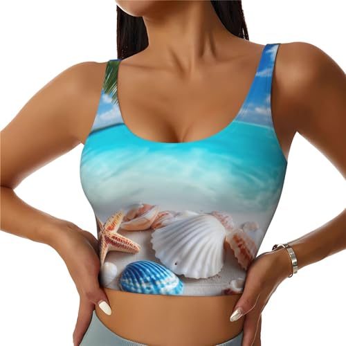 Ginfult Soutien-gorge de sport pour femme avec soutien-gorge intégré et rembourré en forme de noix de coco, Étoile de mer de plage Coquillage Cocotier, XL