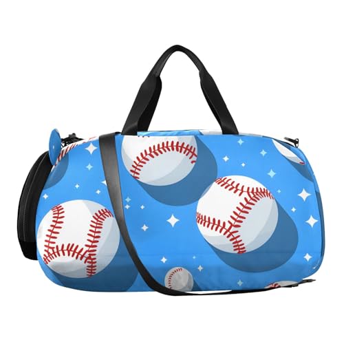 Gym Travel Duffle Bag for Boys Girls White Baseball Blue Pattern Sports Dance Bag with Shoe Compartment & Wet Pocket Football Kids Travel Bag Teens Sleepover Carry2