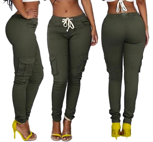 Andongnywell Womens Casual Stretch Drawstring Skinny Pants Cargo Jogger Pants High Waist Tie Butt Lift Pant with Pockets4
