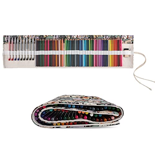 Image of Surblue Canvas Pencil Case Pencil Roll Wrap with 72 Slots Coloring Pencil Holder Organizer Paint Brush Storage Pouch Portable for Artist, Writer (Blue Cat