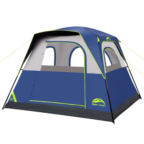 Image of Happy Travel Tent 4 Person Tents for Camping, Waterproof Easy Setup Camping Tent with Top Rainfly, Portable Tall Cabin Tent with 4 Mesh Windows and Carry Bag for Outdoor Camping & Hiking