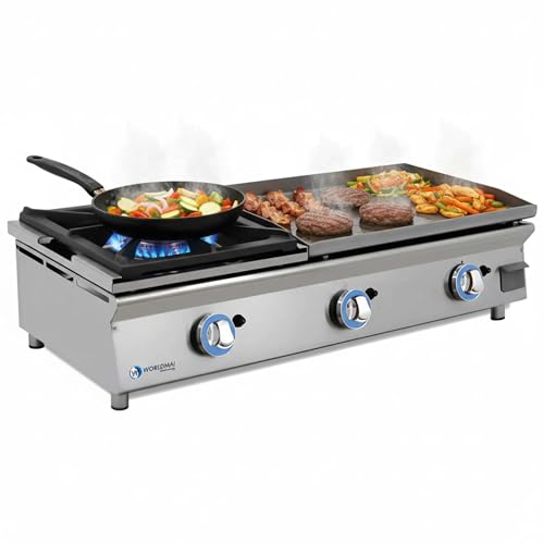 MBH - Plancha LUX WORLDMAI a Gas Profesional de 60 cm en Acero Laminado con Fogón para Hostelería. Plancha con estructura de INOX para Cocina Industrial de Bar y Restaurante