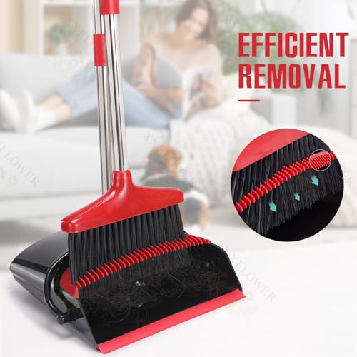 Image of Broom and Dustpan Set,54.72 inchLong Handle,Standing Dustpan,Black&Red | Light Weight Stainless Steel Poles,Upright Dustpan with Broom Combo,for Home Kitchen Office Pet Dog Hair