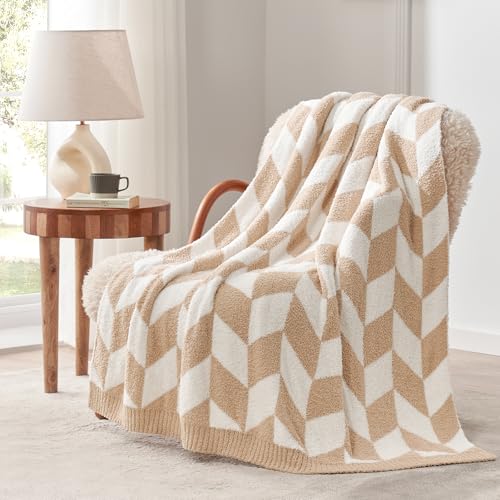Image of Snuggle Sac Chevron Throw Blanket for Couch, Reversible Super Soft Warm Blankets Cozy Knit Fuzzy Plush Lightweight Throws for Sofa, Bed, Camping, Beige,50x60 inches