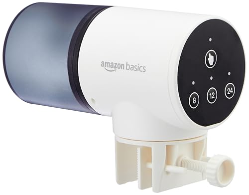 Image of Amazon Basics Automatic Fish Feeder | Programmable 3-Way Timer (8H /12H /24H) | 360 Rotating Design | Works with Flakes, Pellets & Granules | for Aquariums, Tanks & Ponds (Plastic) (Standard)