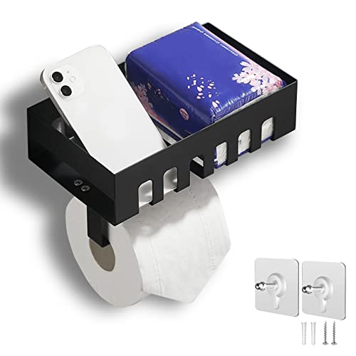 Portarrollos con Caja de toallitas húmedas Negras, portarrollos de Acero Inoxidable sin taladrar portarrollos Inoxidable con Estante para baño, Inodoro Cover