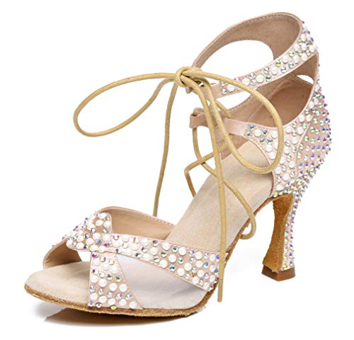 Minishion Ballroom Dancing Shoes Rhinestions Sparkle Dance Heels L452 Nude US 4