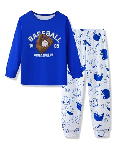 Mikrdoo Kids Pajamas for Big Boys Fashion Pjs Cozy Long Sleeve and Pants 2 Piece Blue Baseball Sleepwear Sets for Teens Size 18 Years