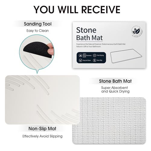 Image of ZIKIBL Stone Bath Mat Diatomaceous Earth Shower Mat Super Absorbent Non-Slip Diatomite Stone Bath Mats for Bathroom Floor Quick-Drying Natural Easy to Clean(24 * 16'')