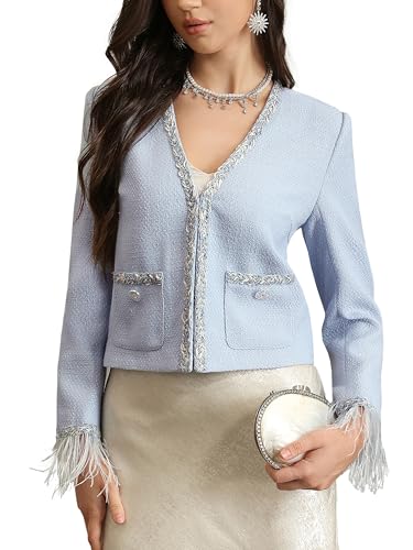 M.Infasivo Womens Tweed Blazers Cropped Jacket with Pocket, Long Sleeve Feather Trim V-Neck Collarless Dressy Cardigan Casual