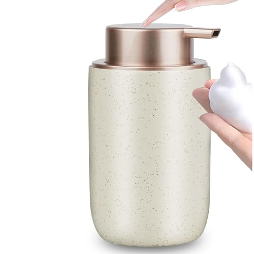 GIRLUFO Distributeur de Savon moussant en céramique, 350 ML, Beige, avec Grande tête de Pompe Rechargeable, pour Salle de Bain et Plan de Travail de Cuisine