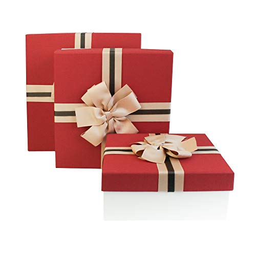 Emartbuy Set of 3 Rigid Luxury Presentation Gift Box, Cream Box with Red Lid, Chocolate Brown Interior and Two Tone Brown Decorative Ribbon