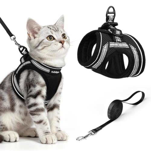 Image of rabbitgoo Cat Harness and Leash Set, Step-in Soft Vest, M, Black | Escape Proof, Lightweight Air Mesh, Easy-on, Adjustable, Hook & Loop with Buckle, Reflective, for Kittens & Small Cats Walks