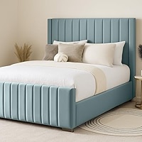 4FT6 Double Ottoman Storage Solid Divan Base Chesterfield Sleigh Bed Frame With Headboard Upholstered In Plush Velvet Cream Bed End Lift - No Mattress