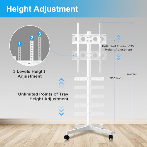 Image of Mobile TV Carts on Wheels for 21-60 Inch Flat /Curved Panel Screens TVs - Height Adjustable Floor Trolley Stand with Shelf Holds up to 77lbs - Max VESA 400x400mm, White