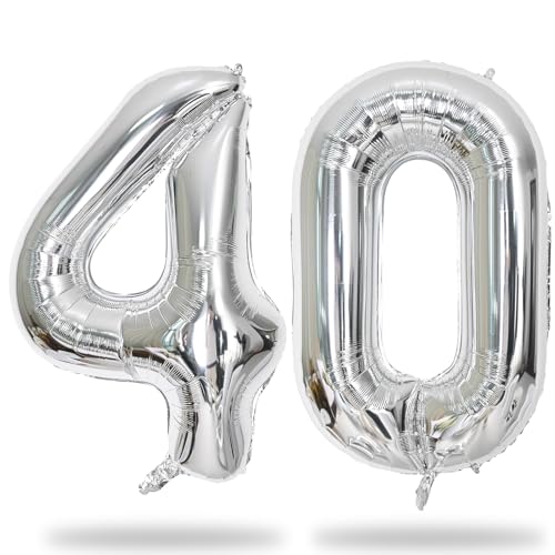 Image of 40 Balloons Silver, Giant Number 4 & 0 Helium Foil Balloon for Women 40th Birthday Decor, 40'' Self Inflating Mylar Number 40 Balloon for Man Anniversary Party Globos De Numeros Decorations Supplies