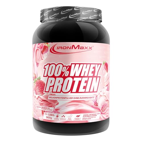 IronMaxx 100% Whey Protein 900g - Strawberry Ice Cream - Batido alto en proteínas con BCAAs y EAAs para entrenamiento muscular y fitness
