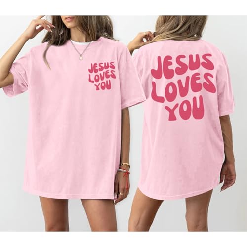 Christian Jesus Shirts for Women Oversized Jesus Loves You Tshirts Religious Faith Shirt Inspirational Graphic Tees3