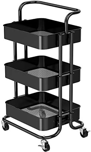 FURNINXS 3 Tier Rolling Cart with Wheels Metal Utility Cart with Handle Rolling Storage Organizer Trolley Cart for Kitchen, Office, Home, School (Black)