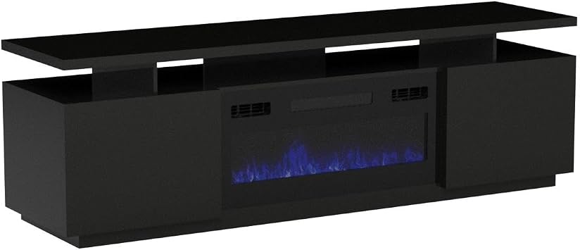 Meble Furniture Eva KBL Electric Fireplace TV Stand Modern High Gloss Media Console with Storage Cabinets and LED Lights Fits TVs up to 80, 63.8 W x 17.7 D x 24.6 H Black