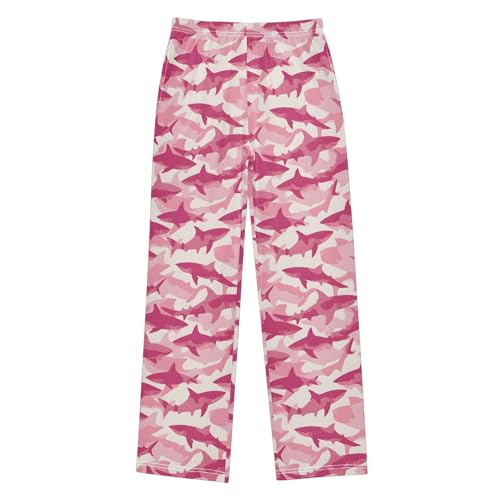 Pink Shark Pattern Pajama Pants Lounge Sleep Pants Elastic Waist Long Pajama Bottoms with Pockets for 6-14 Years