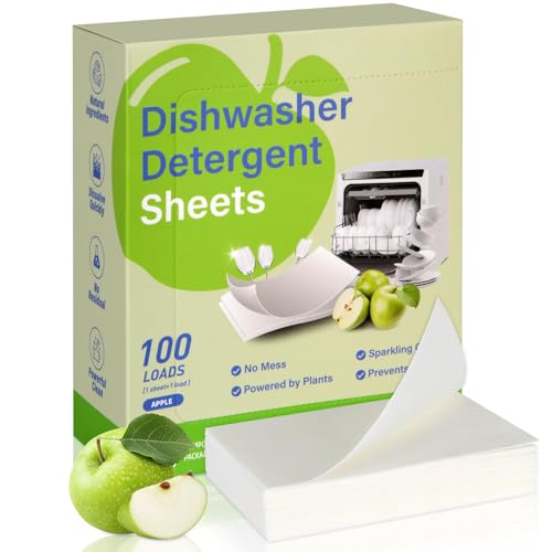 AOOWU Hojas para lavavajillas, 100 Piezas Hojas para Lavavajillas Ecológicas, Sin Plástico, Químicos, Limpieza Potente, Disolución Rápida para Lavavajillas y lavandería diaria, Sabor A Manzana Verde